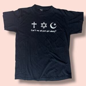 Vintage Tahla New Religon Co Exist 4 symbols Jew Christ Muslim Hindu Black Tee